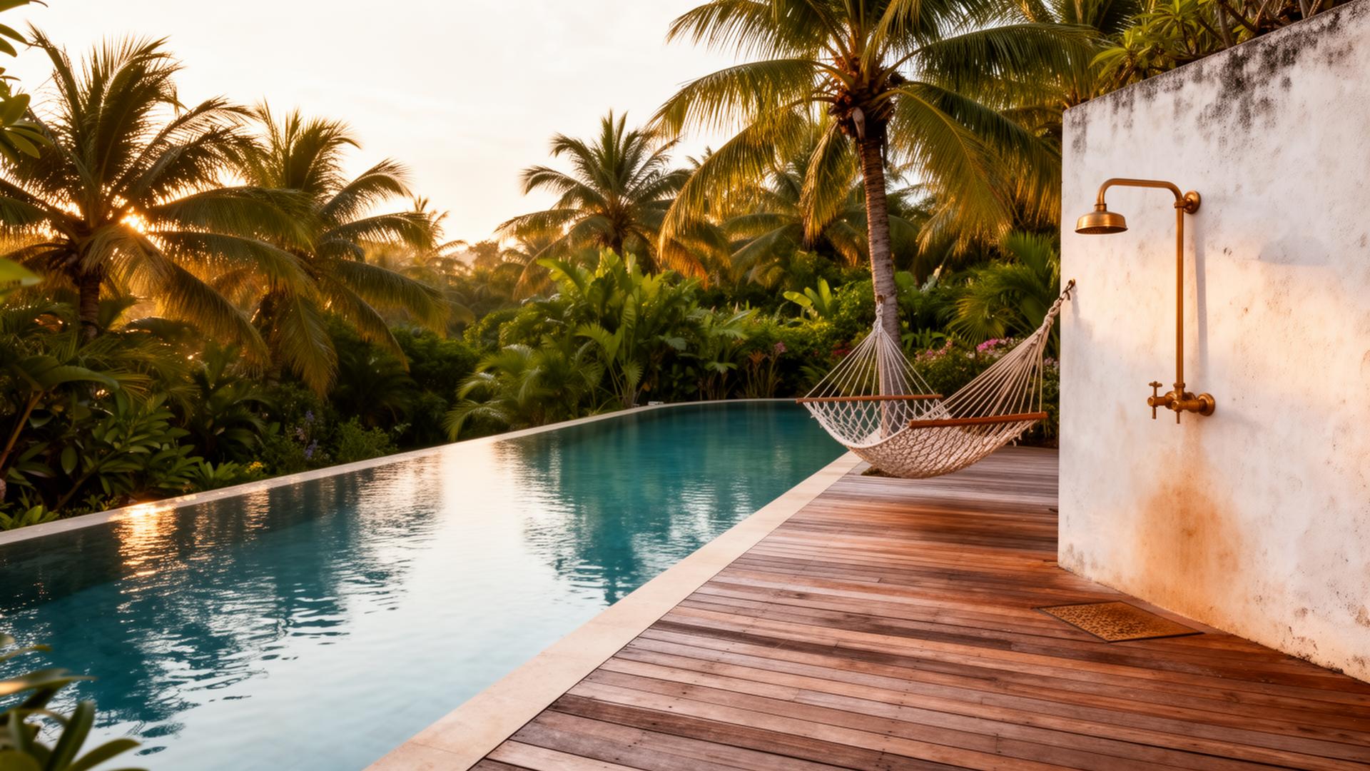 Piscina de borda infinita com deck de madeira, rede e ducha externa de latão