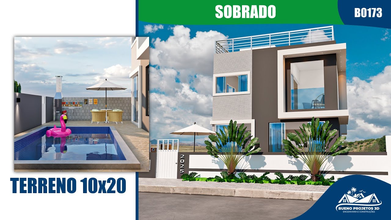 Vista aérea do sobrado: piscina, terraço e fachada com madeira